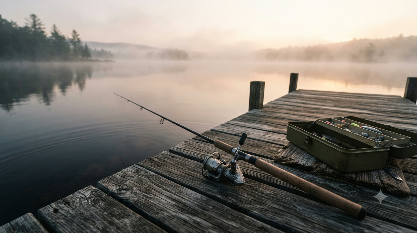 A spinning rod and open tackle box on a weathered wooden dock over a misty lake at first light