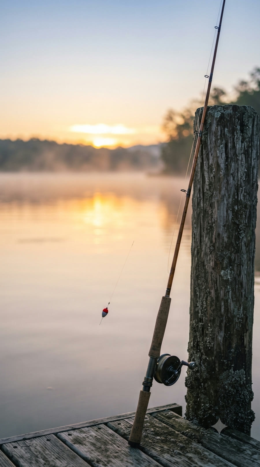 A spinning rod resting against a wooden dock post in morning mist